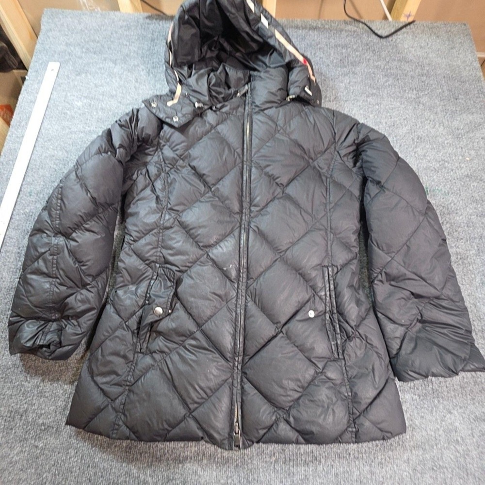 Burberry Brit Coat Womens Large Black Quilted Puffer Hooded Full Zip Warm